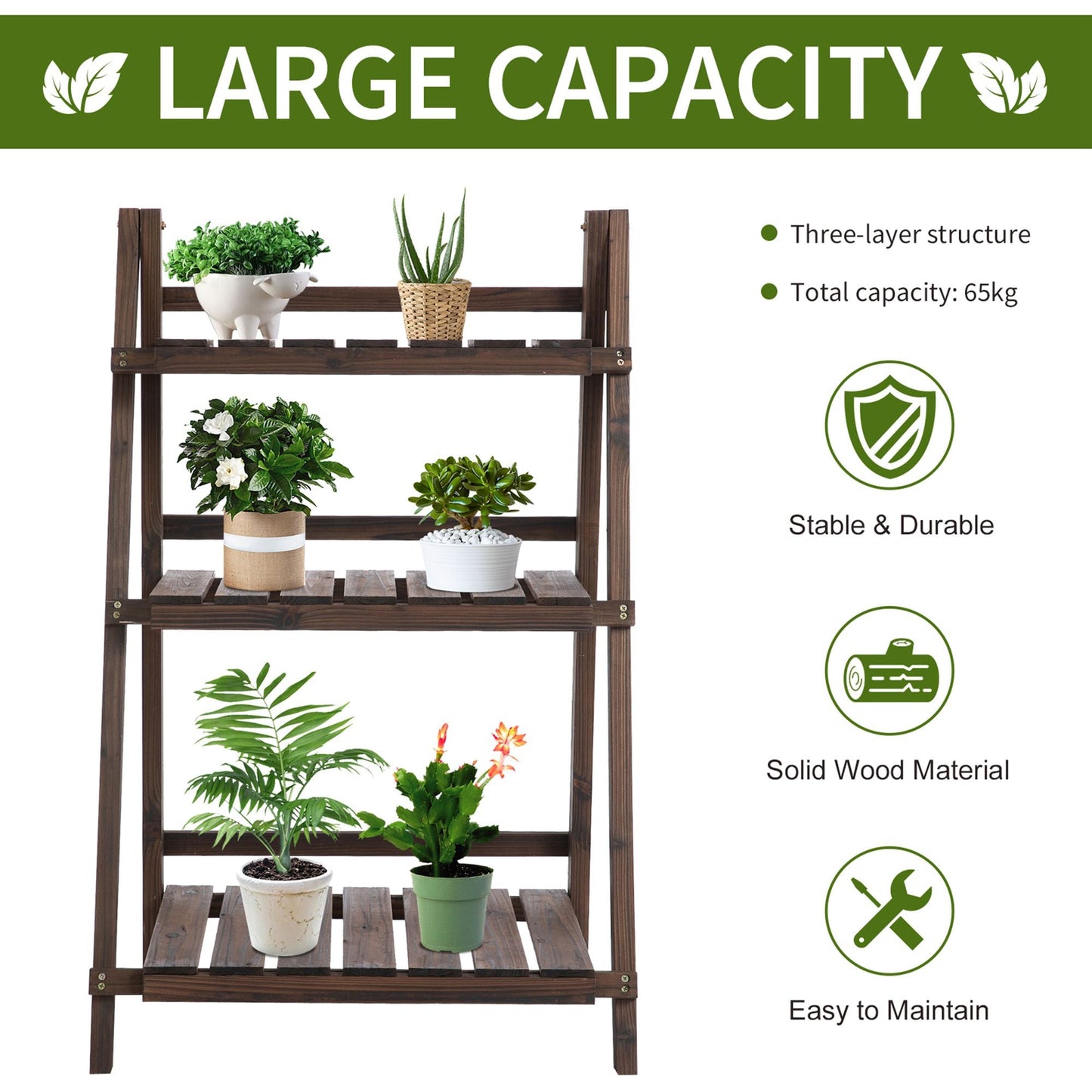 Outsunny 3-Tier Foldable Plant Stand, Wooden Ladder Shelf, Flower Pots Holder for Indoor Outdoor, 60L x 37W x 93H cm