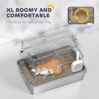 PawHut Extra Large Stainless Steel, Cat Litter Tray with Scoop, Flip Top