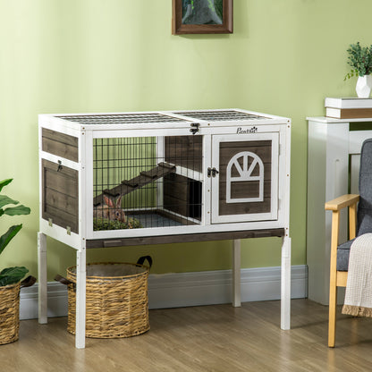PawHut Wooden Rabbit Hutch, Guinea Pig Cage, with Removable Tray, Openable Roof