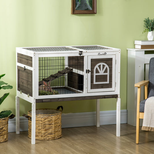 PawHut Wooden Rabbit Hutch, Guinea Pig Cage, with Removable Tray, Openable Roof