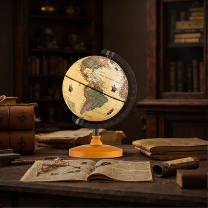 Antique Globe Dia 14cm with Wooden Base and Modern Map-Bronze