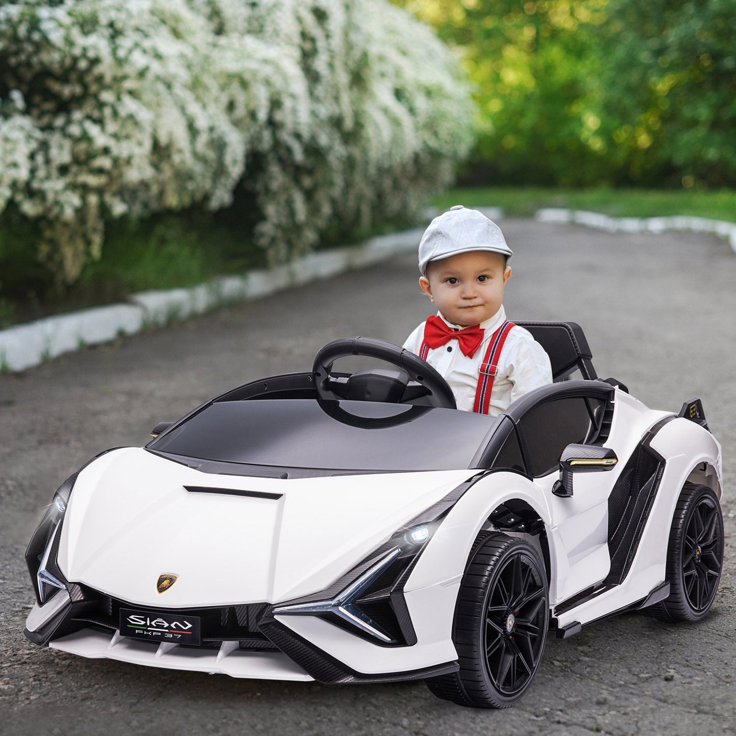 12V Battery-powered Kids Electric Ride On Car Lamborghini SIAN Toy with Parental Remote Control Lights MP3 for 3-5 Years Old White