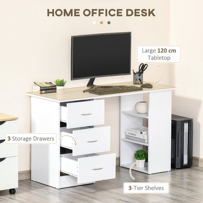 HOMCOM Computer Desk, Writing Table, PC Workstation with 3 Storage Shelves and Drawers, Silver Handle, for Home Office, White