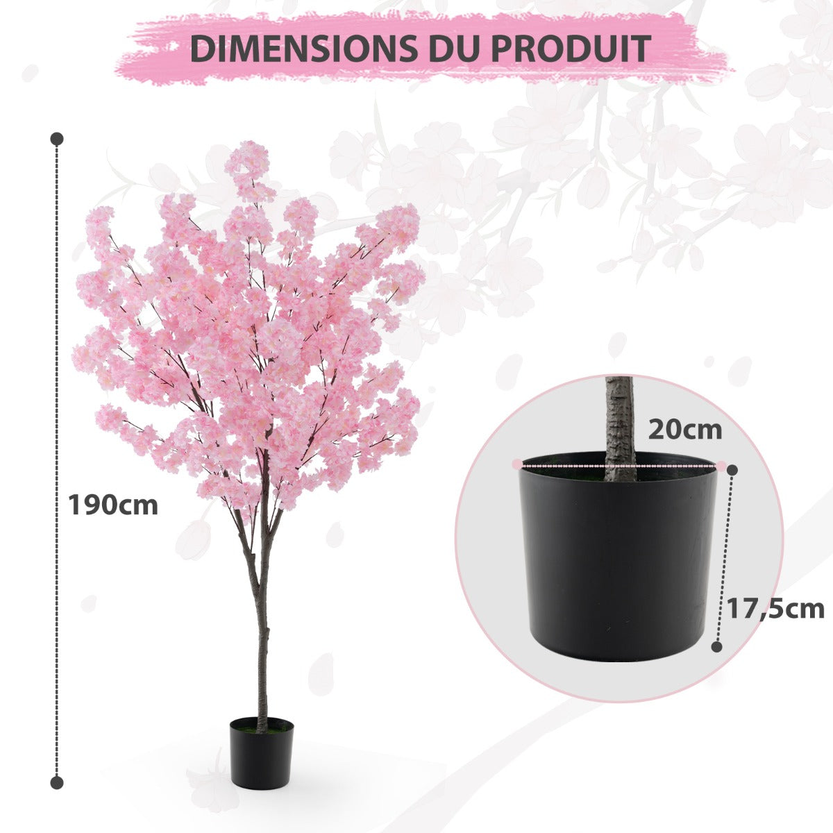 190CM Artificial Plant in Cement Filled Pot with 900 Pink Flowers Fake Cherry Tree with Simulated PE Trunks Modern Decoration Pink