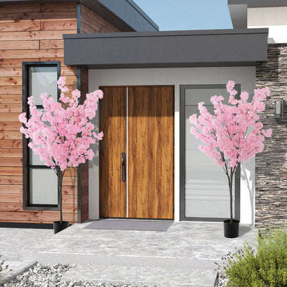 190CM Artificial Plant in Cement Filled Pot with 900 Pink Flowers Fake Cherry Tree with Simulated PE Trunks Modern Decoration Pink