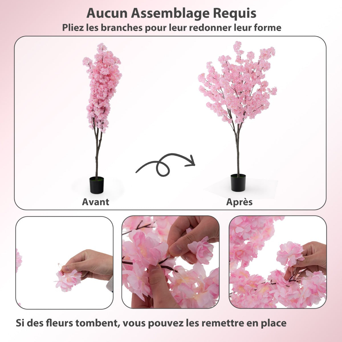 190CM Artificial Plant in Cement Filled Pot with 900 Pink Flowers Fake Cherry Tree with Simulated PE Trunks Modern Decoration Pink