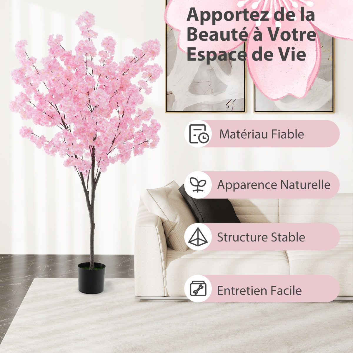 190CM Artificial Plant in Cement Filled Pot with 900 Pink Flowers Fake Cherry Tree with Simulated PE Trunks Modern Decoration Pink
