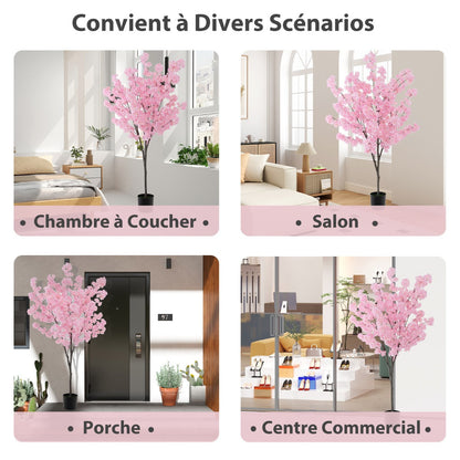 190CM Artificial Plant in Cement Filled Pot with 900 Pink Flowers Fake Cherry Tree with Simulated PE Trunks Modern Decoration Pink