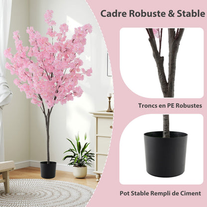 190CM Artificial Plant in Cement Filled Pot with 900 Pink Flowers Fake Cherry Tree with Simulated PE Trunks Modern Decoration Pink