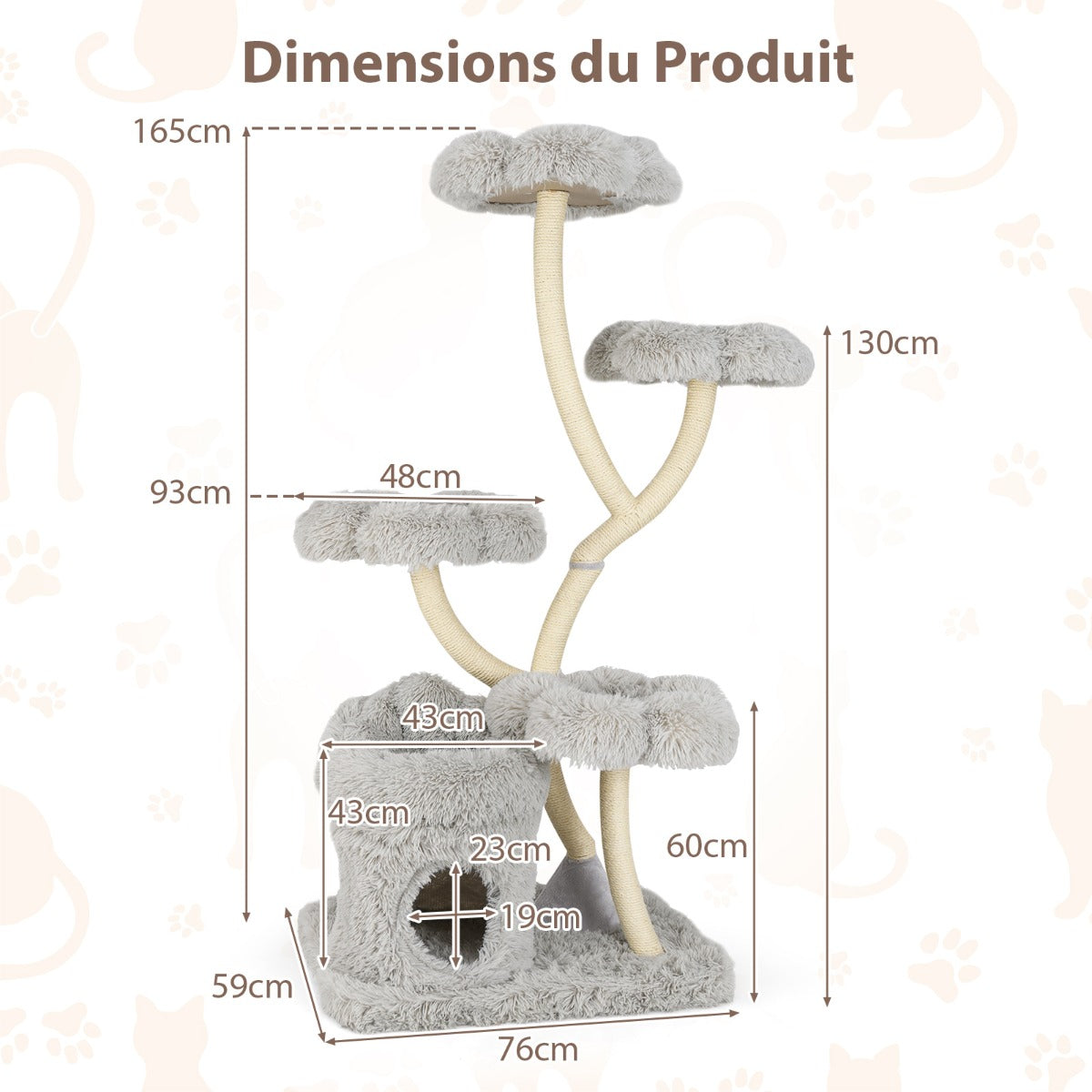 165cm Wooden Scratching Post with 4 Warm Lying Areas & Cat Cave & Sisal Posts Cat Tree Grey