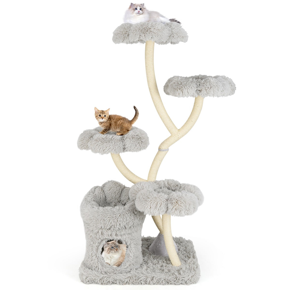 165cm Wooden Scratching Post with 4 Warm Lying Areas & Cat Cave & Sisal Posts Cat Tree Grey