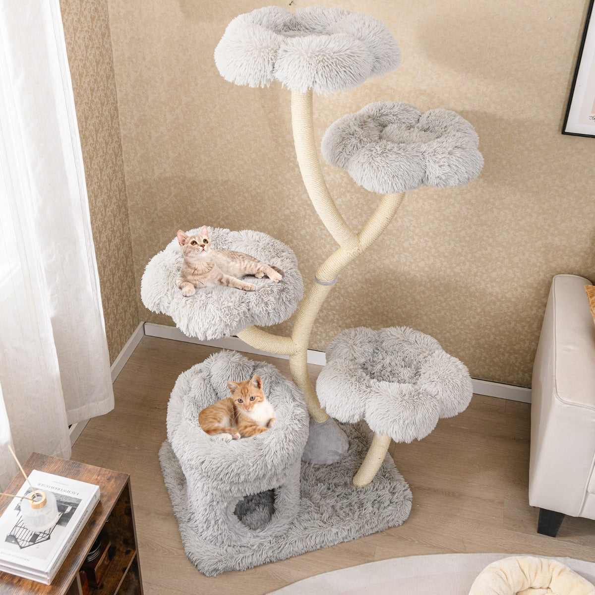 165cm Wooden Scratching Post with 4 Warm Lying Areas & Cat Cave & Sisal Posts Cat Tree Grey