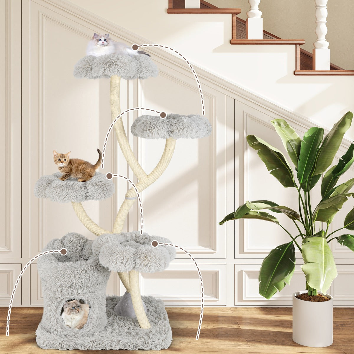165cm Wooden Scratching Post with 4 Warm Lying Areas & Cat Cave & Sisal Posts Cat Tree Grey