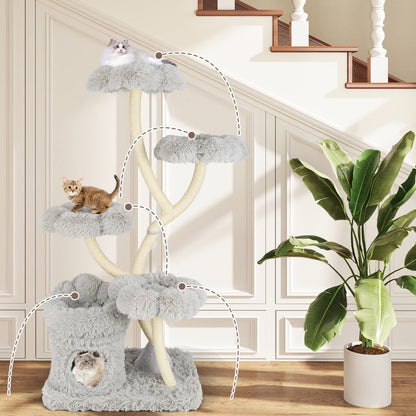 165cm Wooden Scratching Post with 4 Warm Lying Areas & Cat Cave & Sisal Posts Cat Tree Grey