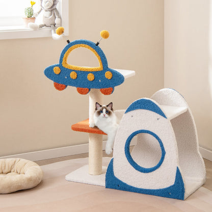 4-Level Cute Cat Tree Tower with UFO-Shaped Top Perch-Blue