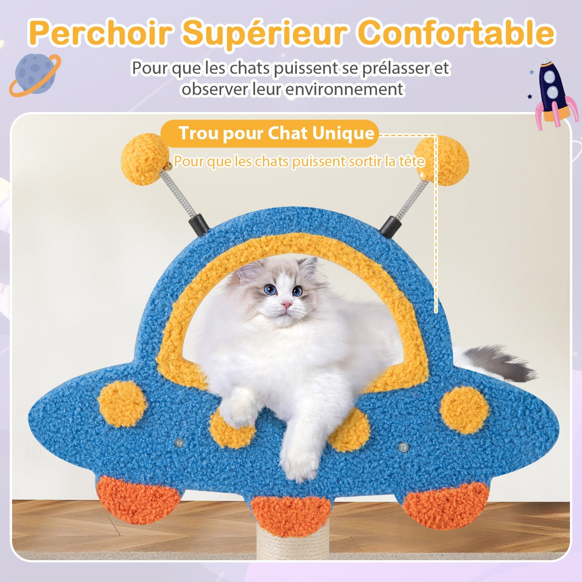 4-Level Cute Cat Tree Tower with UFO-Shaped Top Perch-Blue