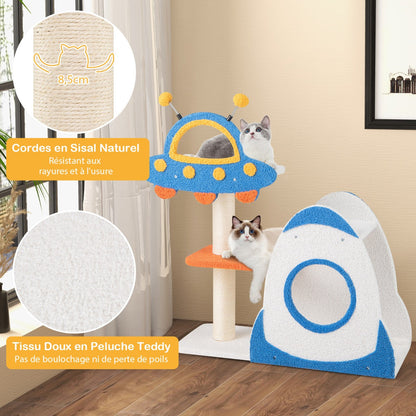 4-Level Cute Cat Tree Tower with UFO-Shaped Top Perch-Blue