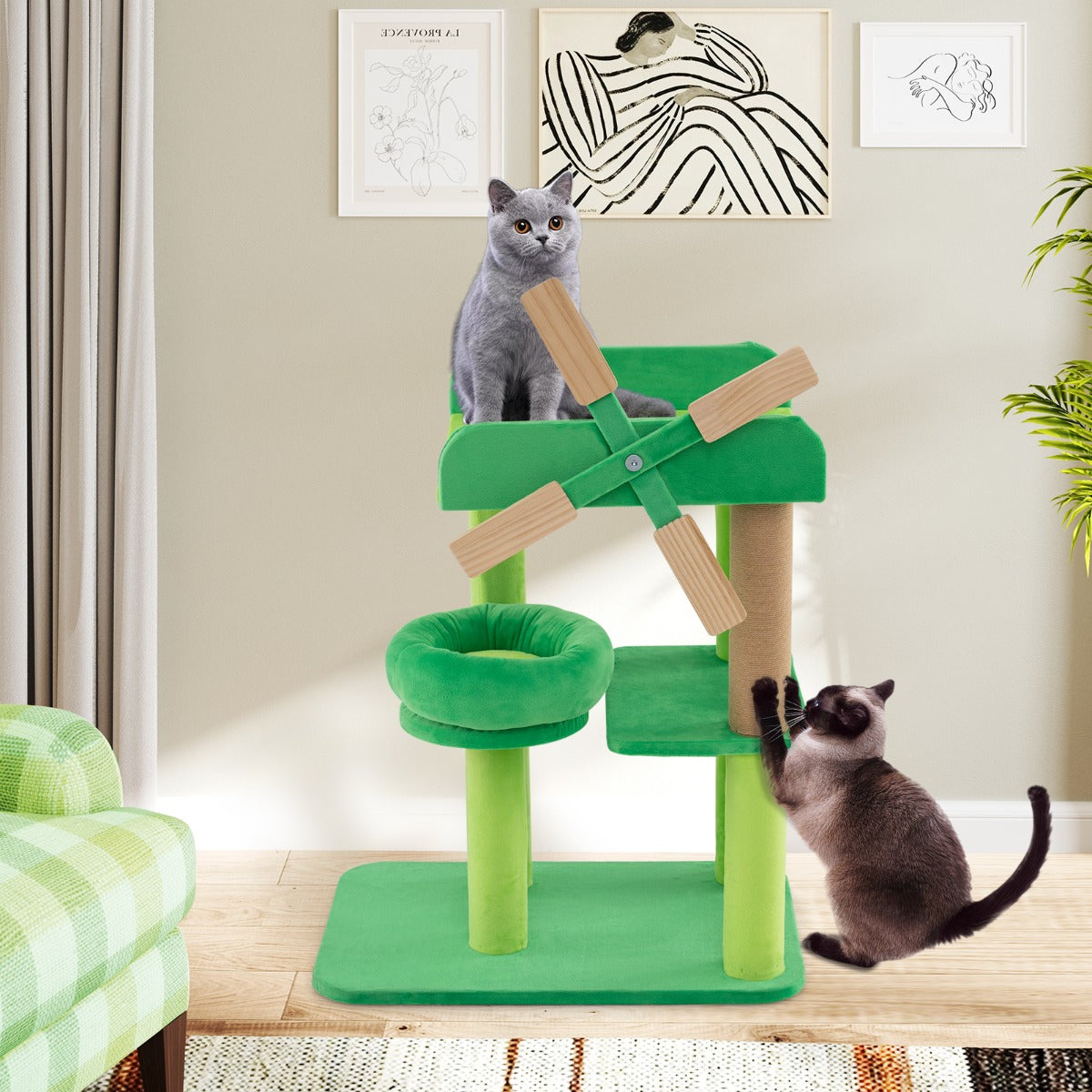 Small scratching post with lying area & platforms & scratching post cat tree in windmill shape
