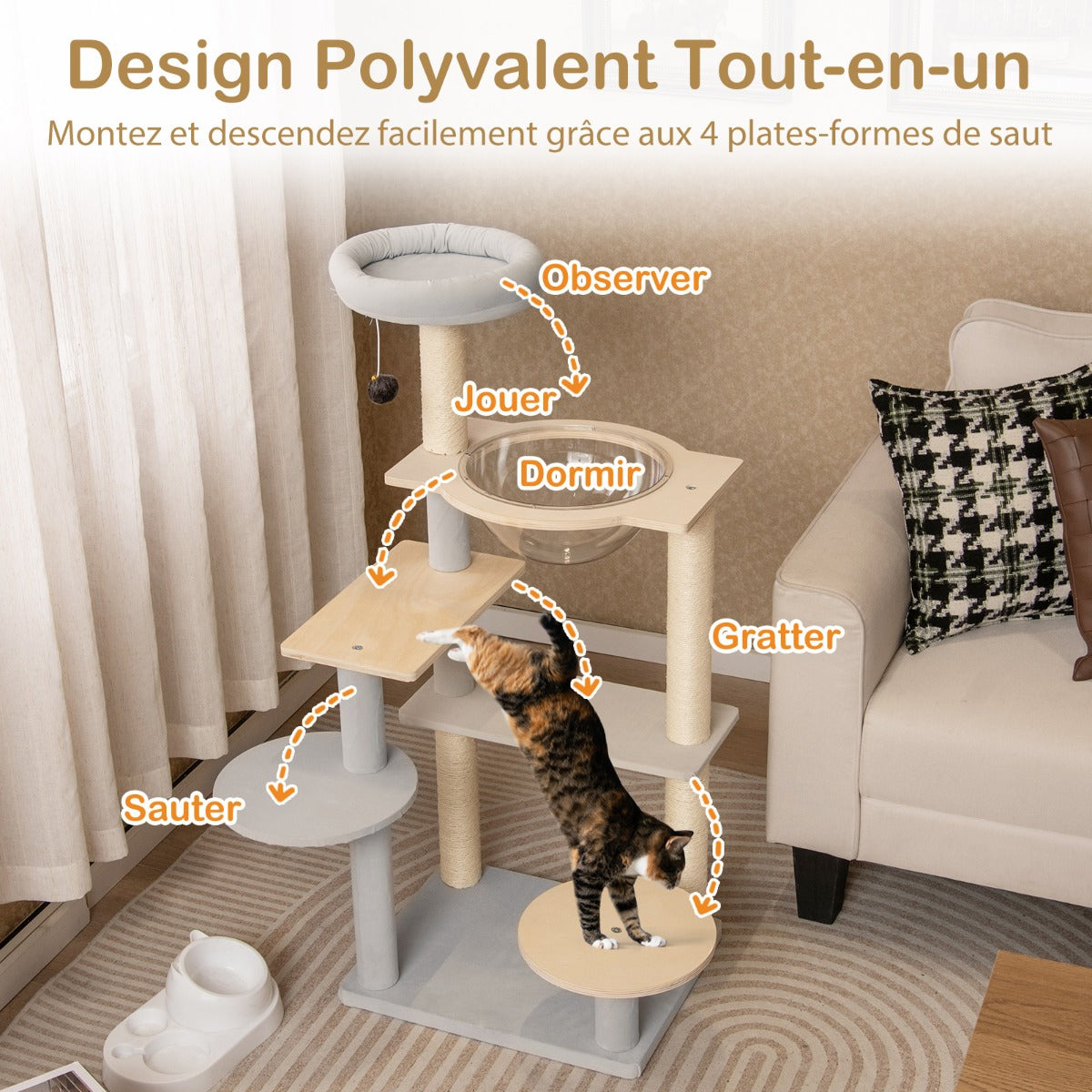 113 cm Multi-level Modern Cat Tree with Removable Padded Top Perch-Natural
