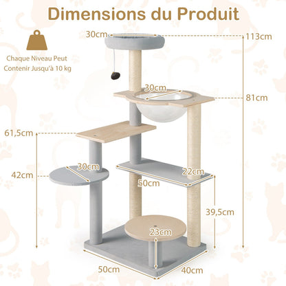 113 cm Multi-level Modern Cat Tree with Removable Padded Top Perch-Natural