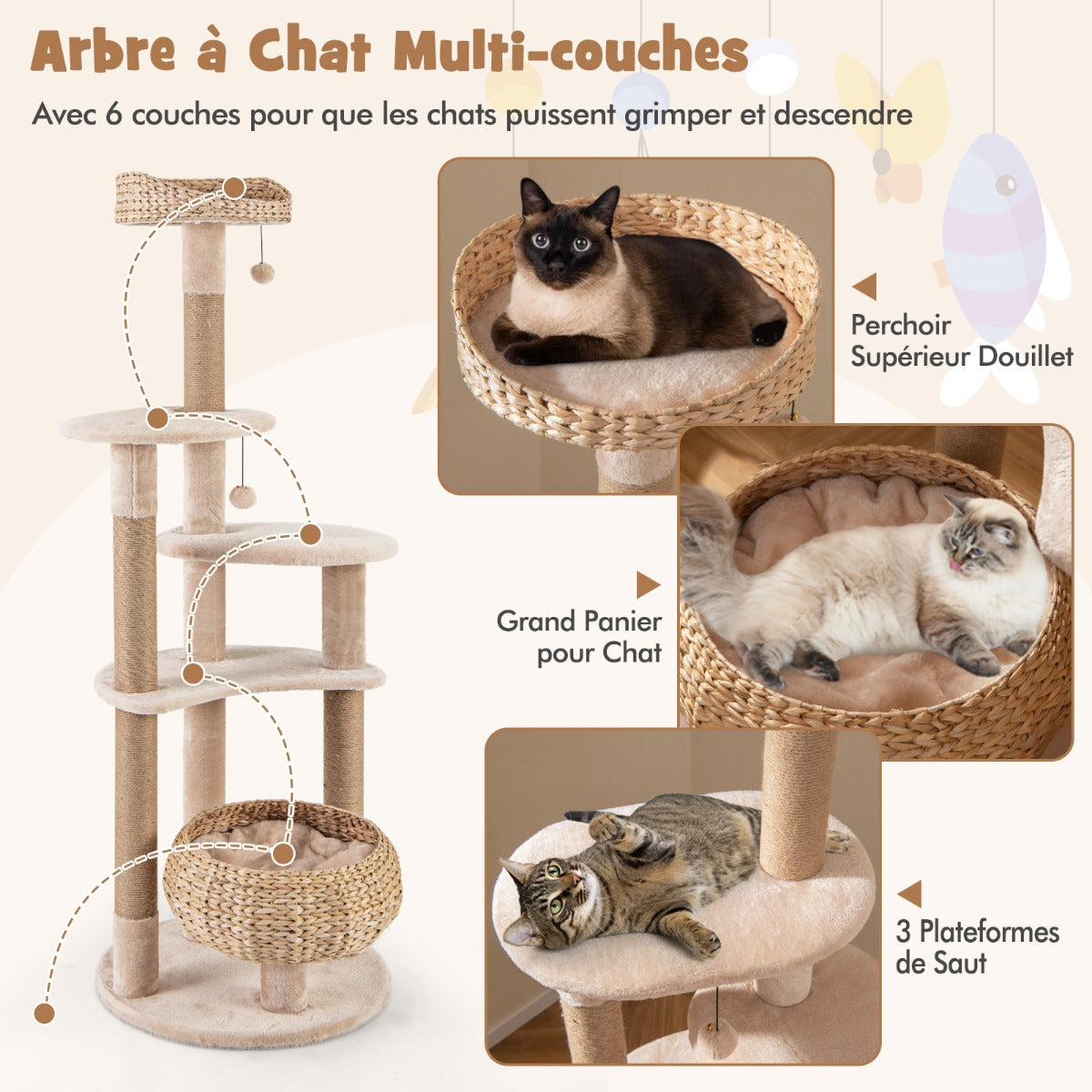 164cm Cattail Cat Tower with Jute Scratching Posts-Beige