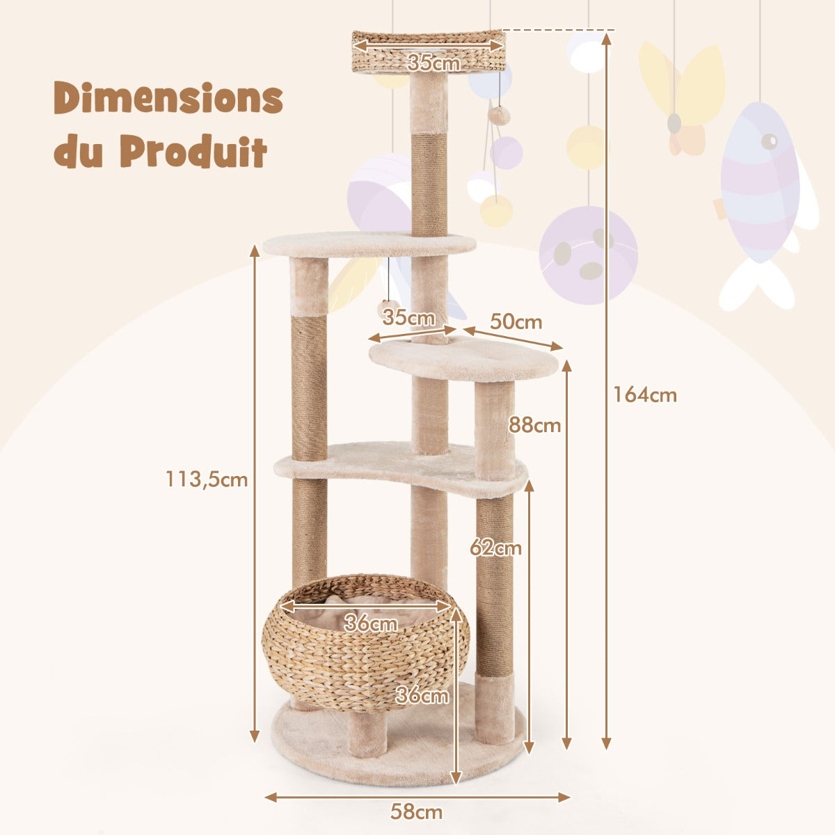 164cm Cattail Cat Tower with Jute Scratching Posts-Beige