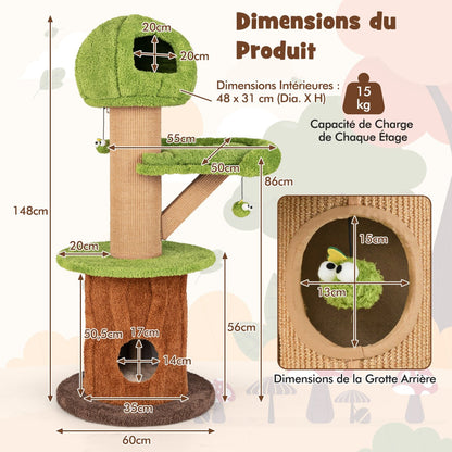 148 CM Mushroom Cat Tree with 2 Cute Condos for Indoor Cats-Green