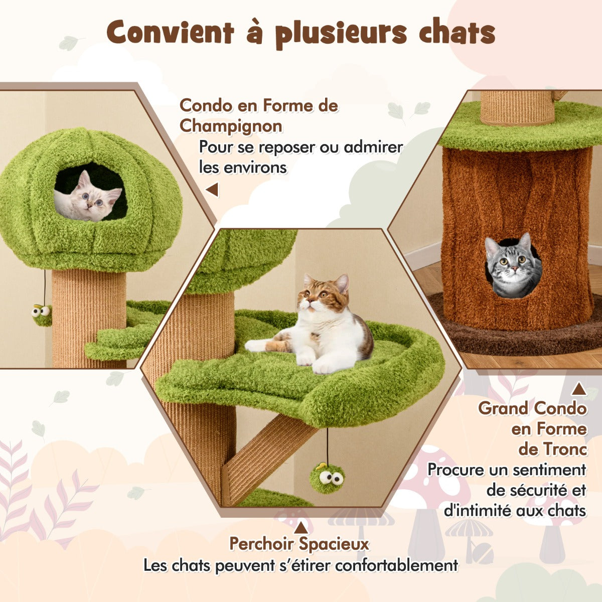 148 CM Mushroom Cat Tree with 2 Cute Condos for Indoor Cats-Green
