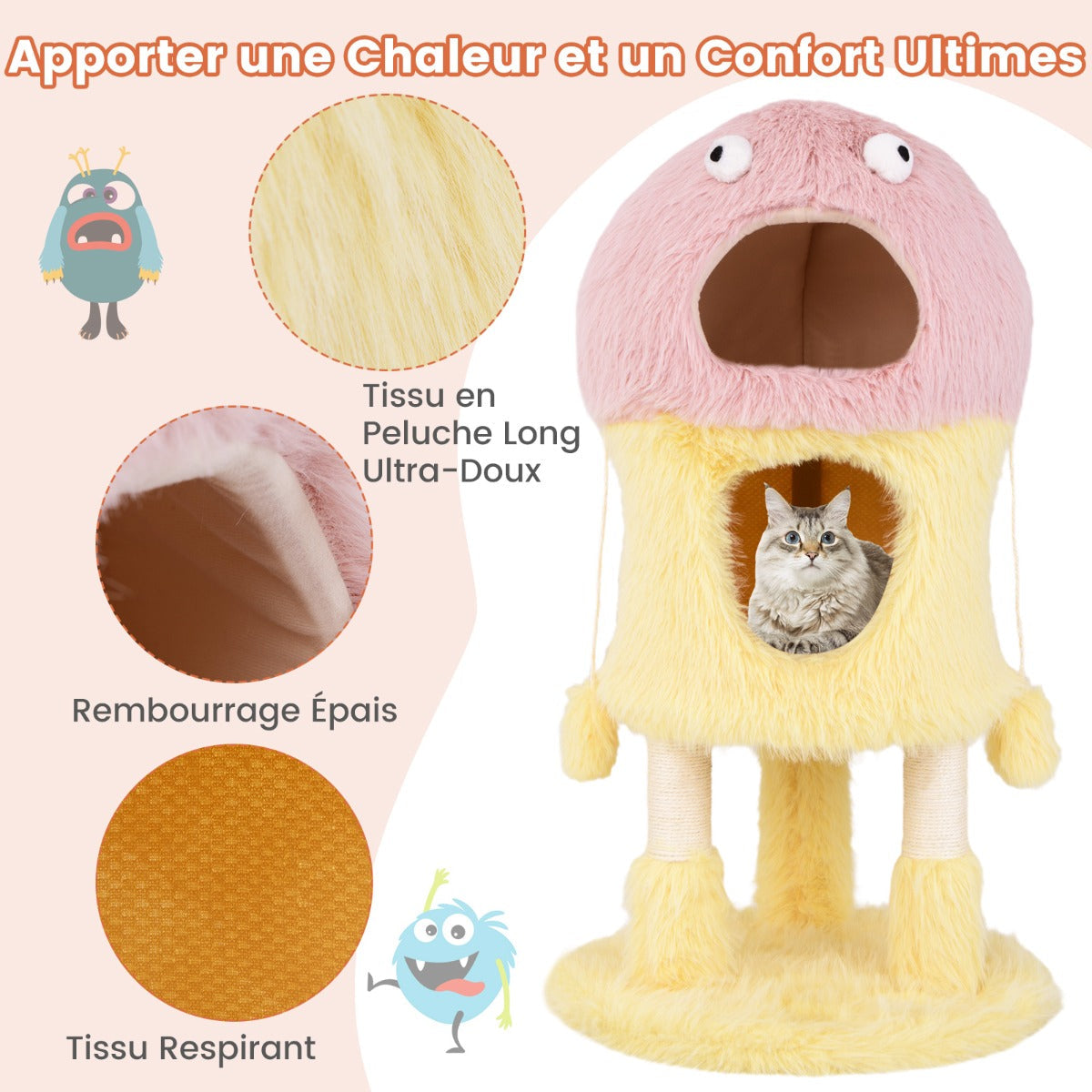 Cute Monster-Themed Cat Tower with 2 Private Condos-Yellow