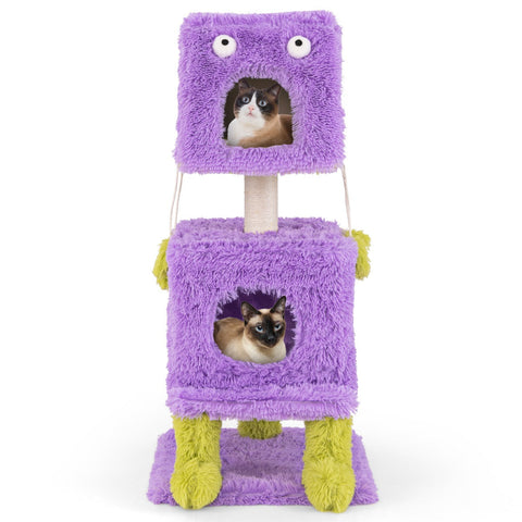 Cute Monster-Themed Cat Tower with 2 Private Condos and Soft Long Plush-Purple