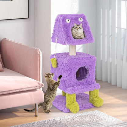 Cute Monster-Themed Cat Tower with 2 Private Condos and Soft Long Plush-Purple