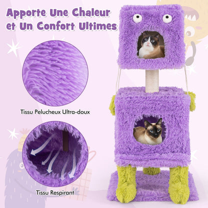 Cute Monster-Themed Cat Tower with 2 Private Condos and Soft Long Plush-Purple