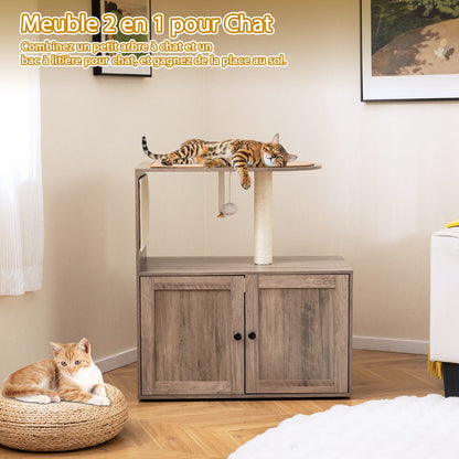 88 cm Tall Wooden Cat Tower with Sisal Scratching Post and Mat Dangling Ball and Top Perch-Grey