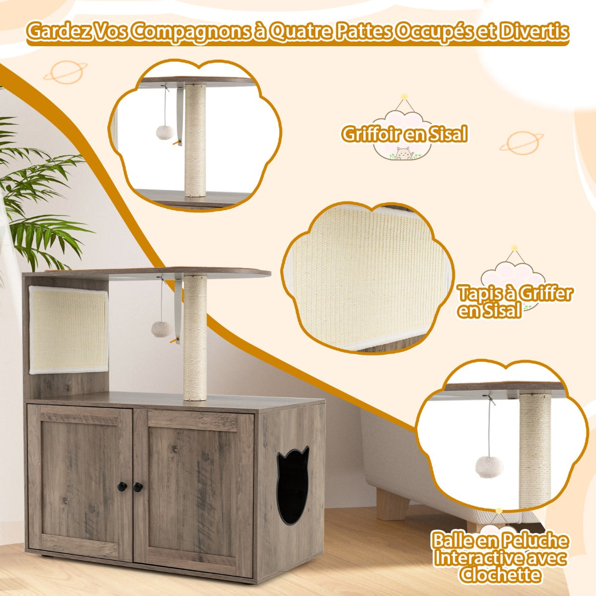 88 cm Tall Wooden Cat Tower with Sisal Scratching Post and Mat Dangling Ball and Top Perch-Grey