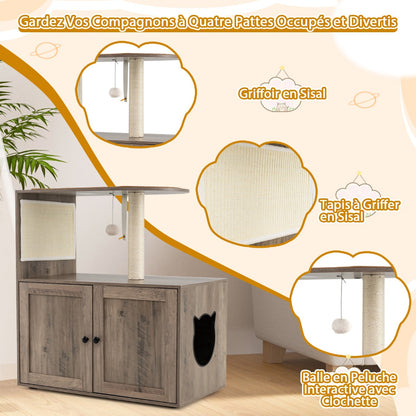 88 cm Tall Wooden Cat Tower with Sisal Scratching Post and Mat Dangling Ball and Top Perch-Grey