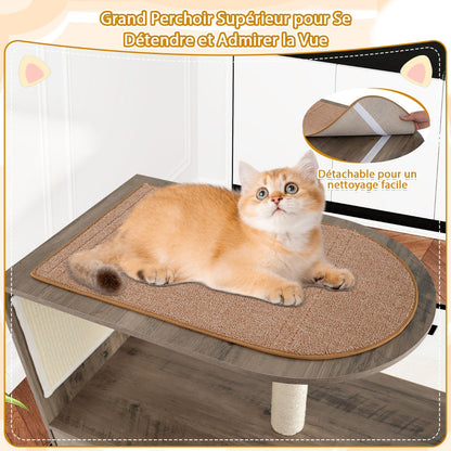 88 cm Tall Wooden Cat Tower with Sisal Scratching Post and Mat Dangling Ball and Top Perch-Grey