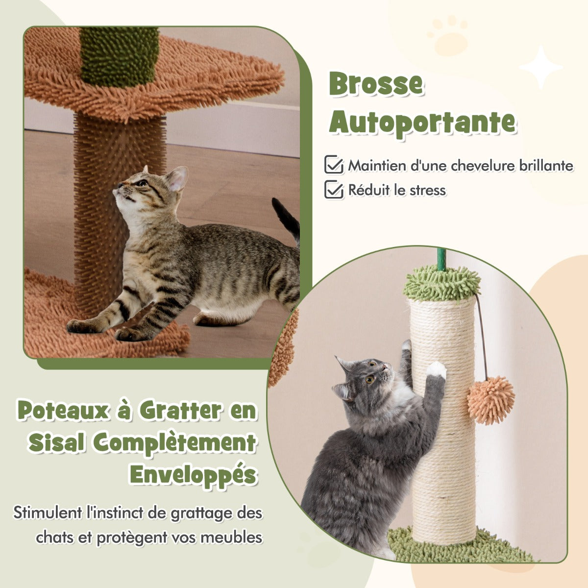 152cm Cute Cat Tree with Sisal Scratching Posts and Rope, Plush Perch-Green