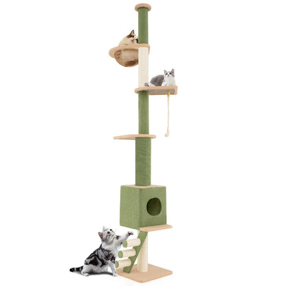 Floor to Ceiling Cat Tree with Adjustable Height and Extra Post-Green