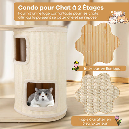 151 cm Wooden Cat Tower with Sisal Scratching Posts and Washable Plush Cushion-Natural