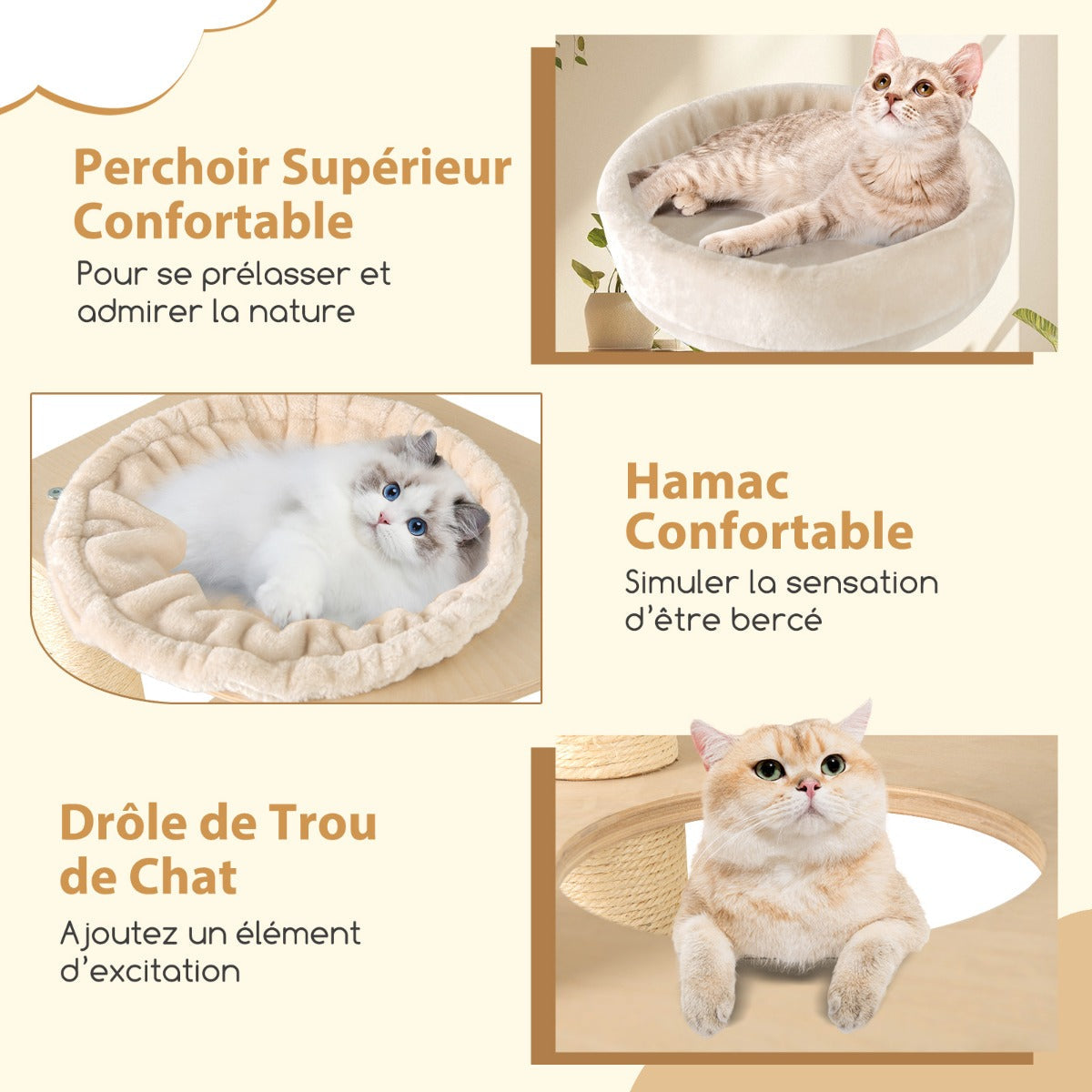 151 cm Wooden Cat Tower with Sisal Scratching Posts and Washable Plush Cushion-Natural