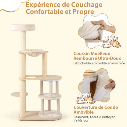 151 cm Wooden Cat Tower with Sisal Scratching Posts and Washable Plush Cushion-Natural