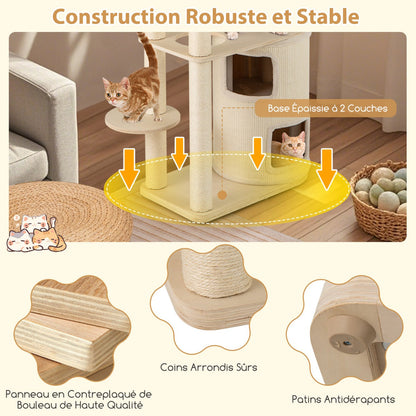 151 cm Wooden Cat Tower with Sisal Scratching Posts and Washable Plush Cushion-Natural