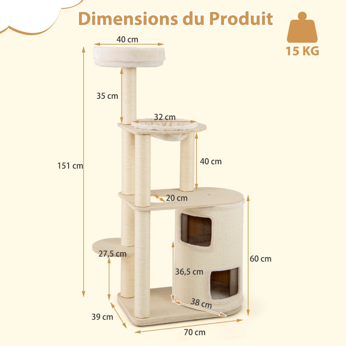 151 cm Wooden Cat Tower with Sisal Scratching Posts and Washable Plush Cushion-Natural