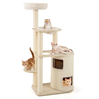 151 cm Wooden Cat Tower with Sisal Scratching Posts and Washable Plush Cushion-Natural
