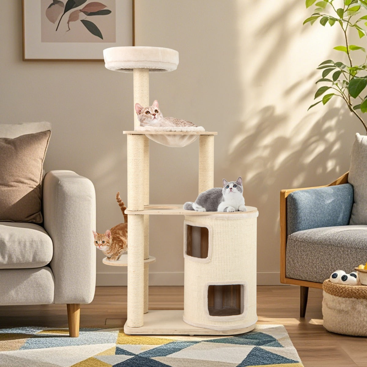 151 cm Wooden Cat Tower with Sisal Scratching Posts and Washable Plush Cushion-Natural