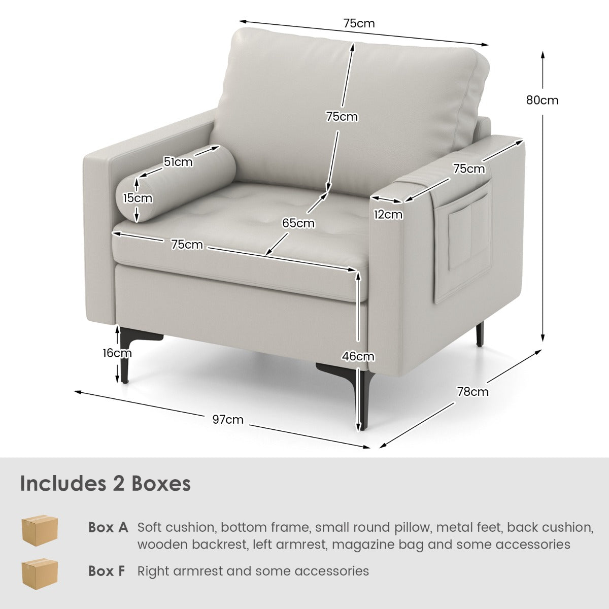 Armchair Single Sofa with Comfy Cushion and 3 Pockets for Living Room-Grey