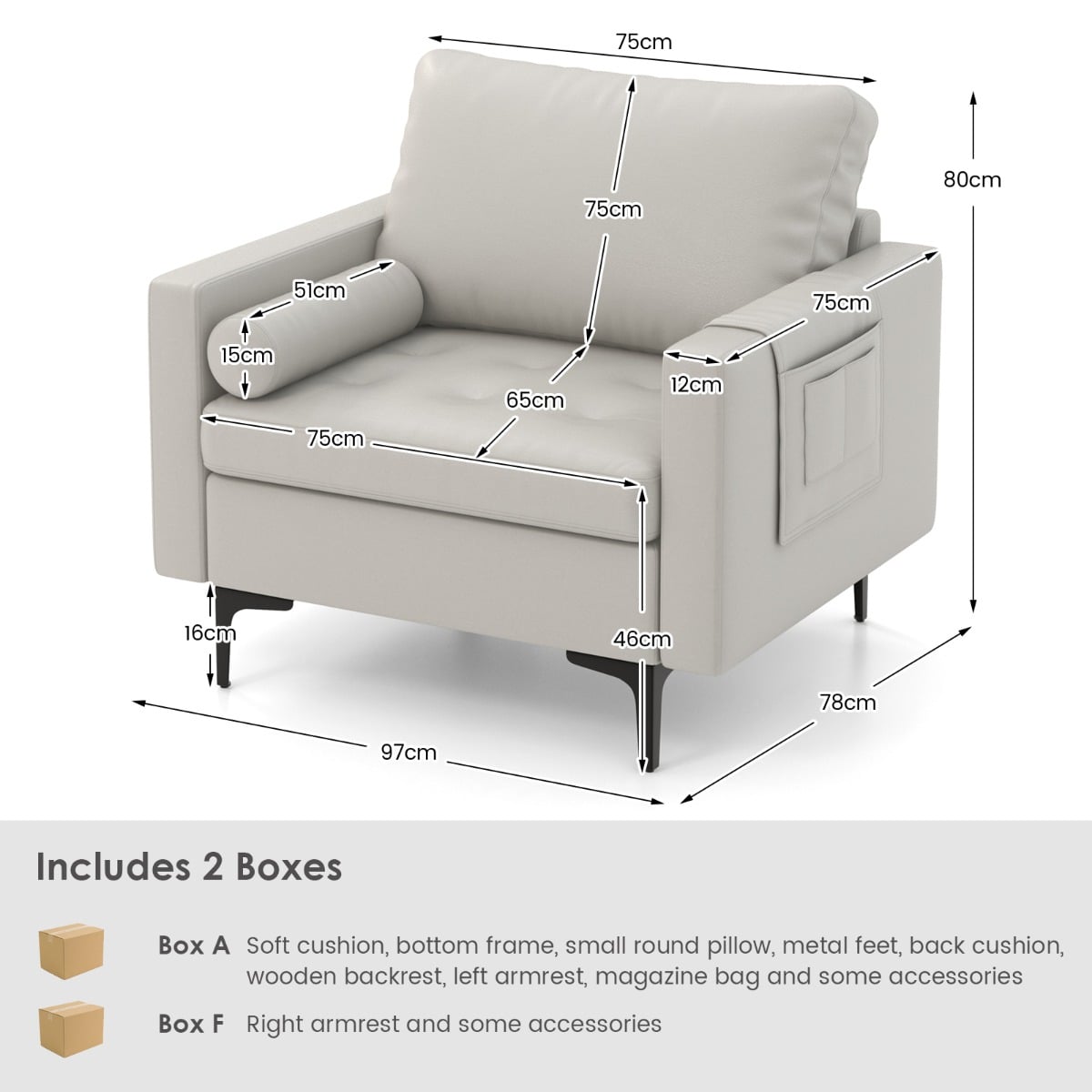Armchair Single Sofa with Comfy Cushion and 3 Pockets for Living Room-Grey
