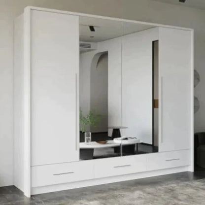 Lindsey 255cm Large Swing Door Wardrobe with Mirror and 3 Drawers - White and Graphite