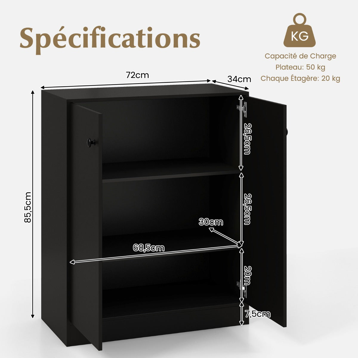 2-Door Freestanding Storage Cabinet with 3-Tier Shelf, Independent Side Cabinet with Anti-Tip Device, Black