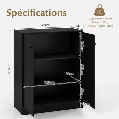 2-Door Freestanding Storage Cabinet with 3-Tier Shelf, Independent Side Cabinet with Anti-Tip Device, Black